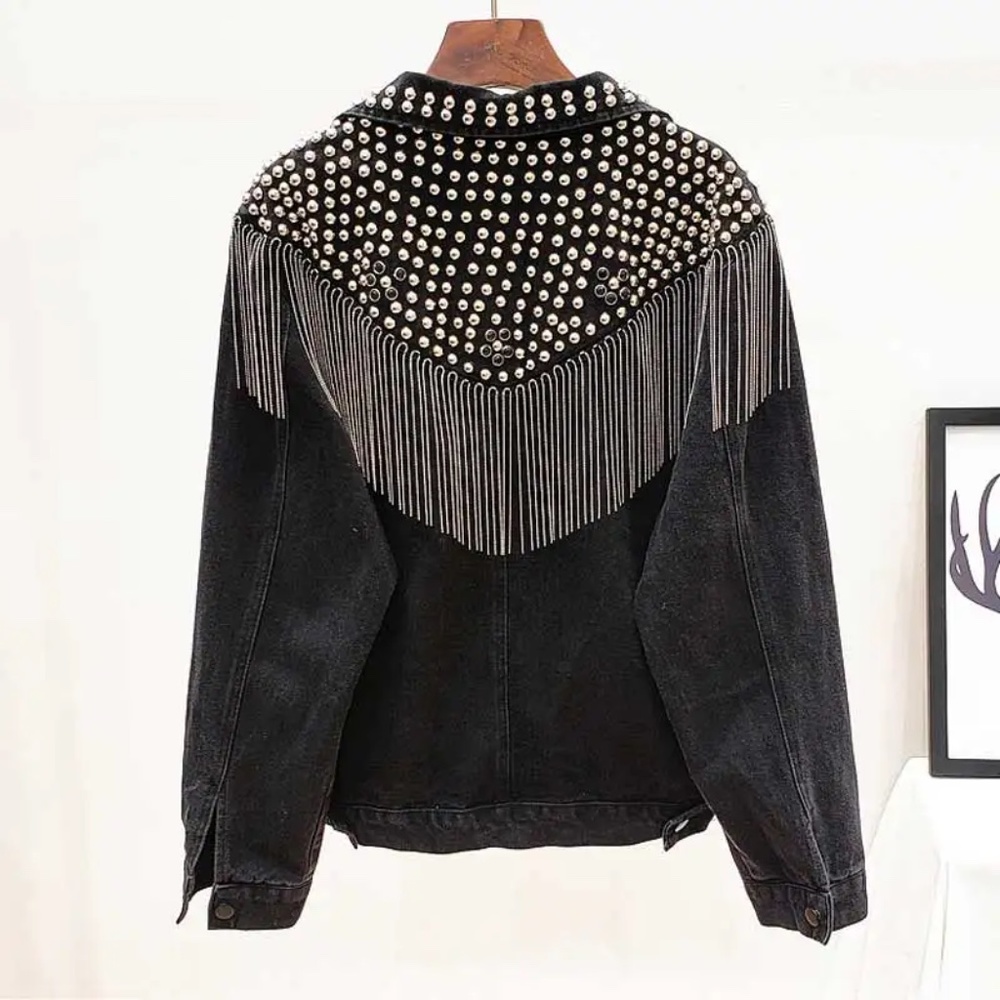 Western Vintage Wash Denim Studded Fringe Jean Jacket - Picture 14 of 16
